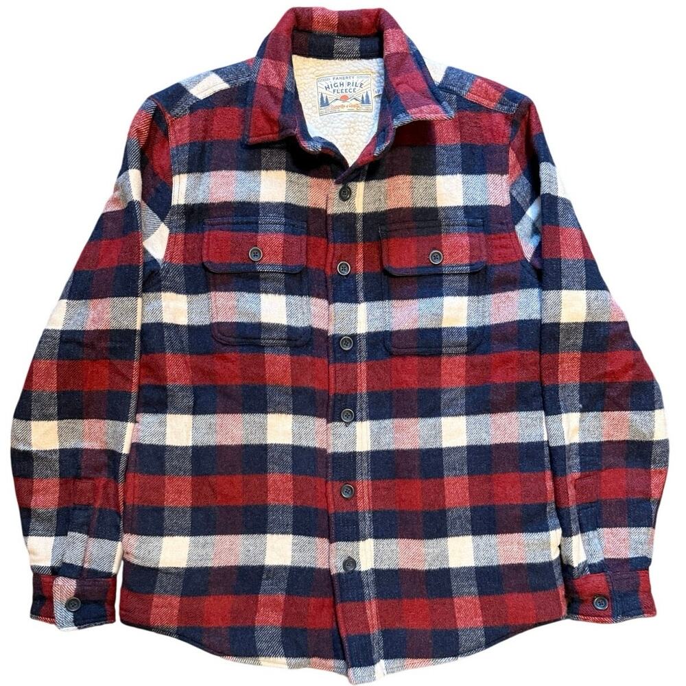 Faherty Brand Mens High Pile Fleece Lined Flannel CPO Shirt Jacket Plaid Red S